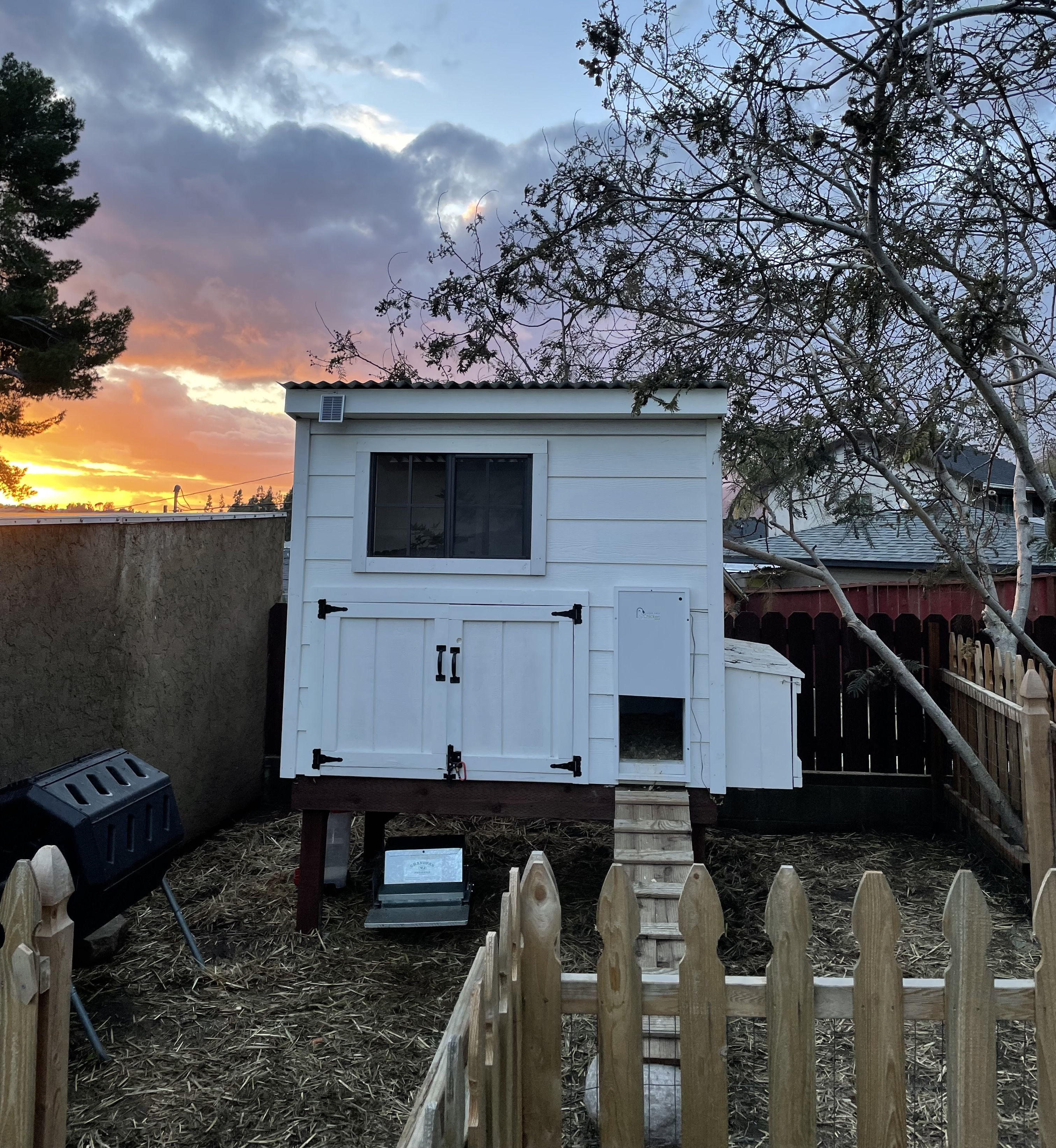 The chicken coop, done and lookin' pretty in the sunset.